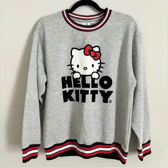 Sanrio Hello Kitty Grey Crew Neck Cute Preppy Retro Pullover Sweater- Large - Picture 1 of 6